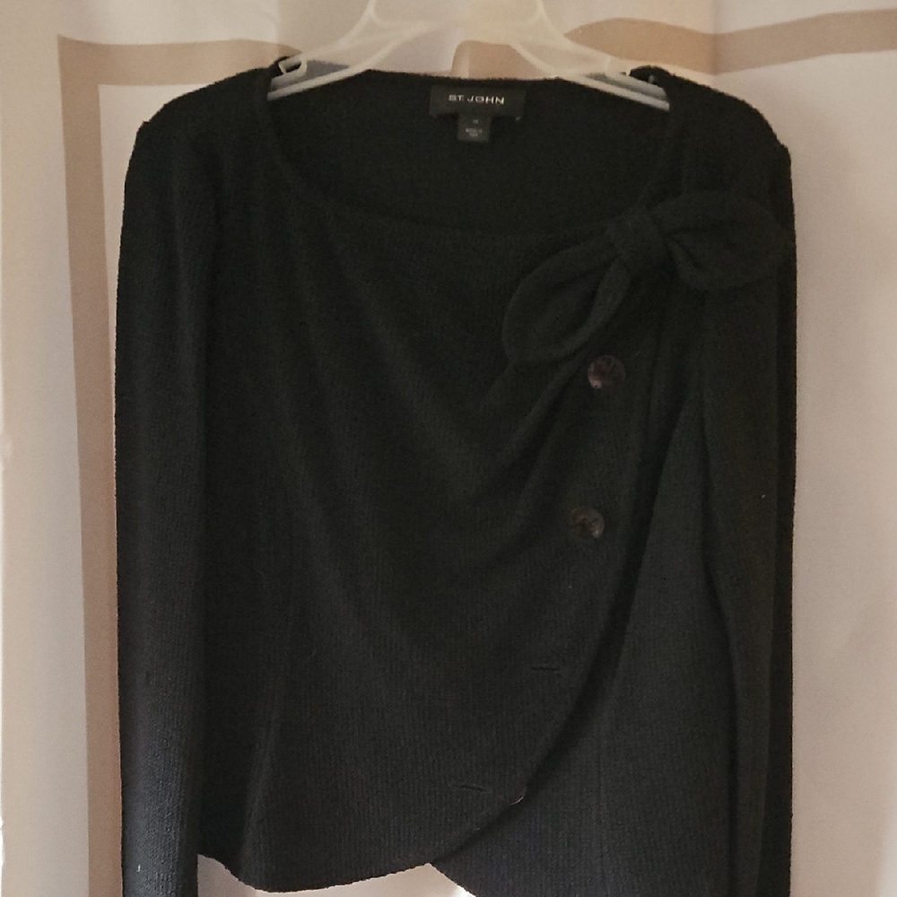 St. John Elegant Black Cardigan with Bow Accent